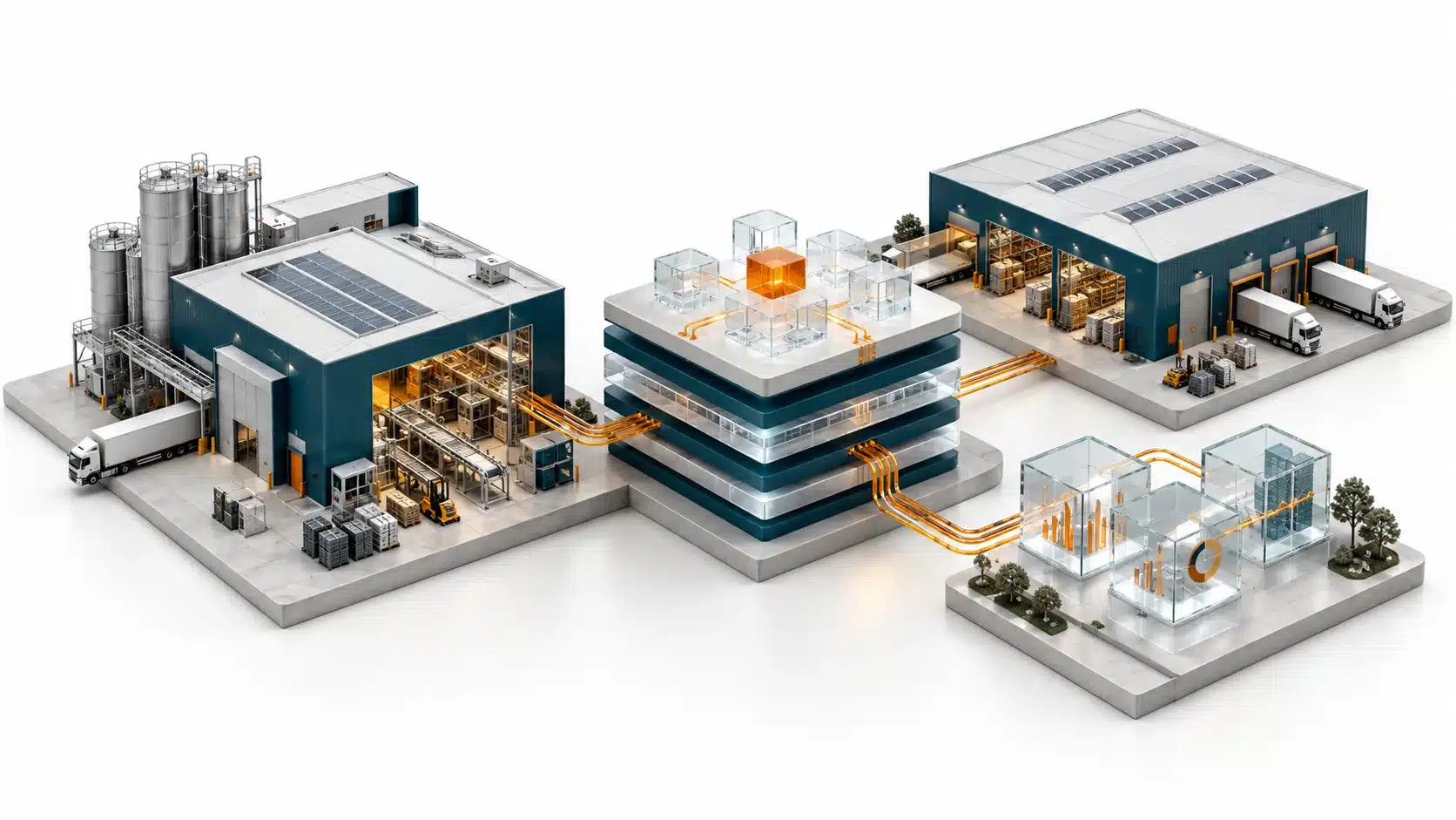 Isometric illustration of a factory, a distribution warehouse and an analytics environment connected by orange data pipelines through a shared layered data platform.